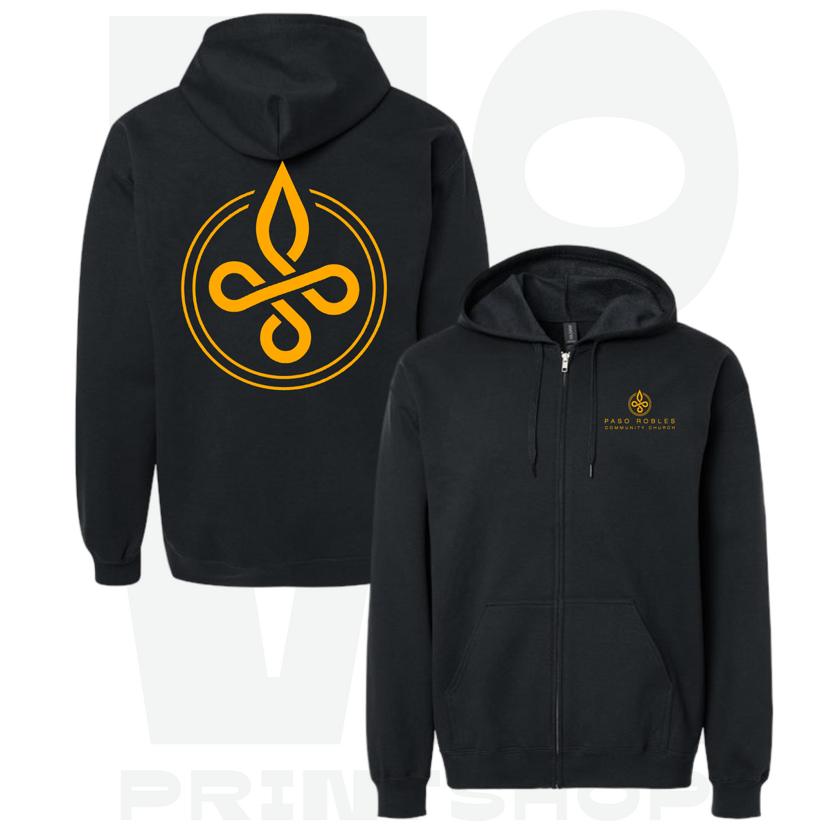 PRCC full-zip hoodie left chest and back mockup