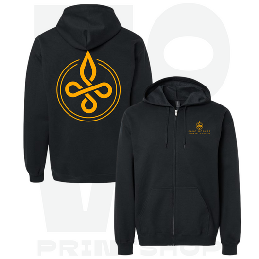 PRCC full-zip hoodie left chest and back mockup